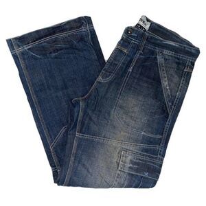 Topman Worker Moto Blue Denim Button Fly Distressed Jeans Actual Size W37 L32